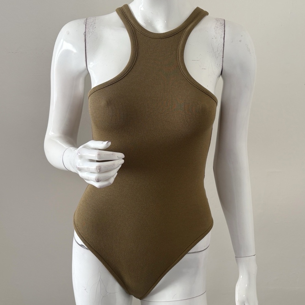 NWOT AllSaints Norma Racer Back Neck Ribbed Bodysuit in Olive Green